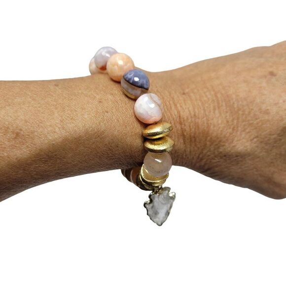 Tourmaline Pastel Beaded Stretch Bracelet Quartz Arrowhead Pendant Healing Gift - Picture 2 of 12